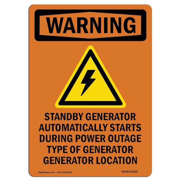 Safety Sign, OSHA WARNING, 5" Height, Standby Generator, Portrait, 10PK